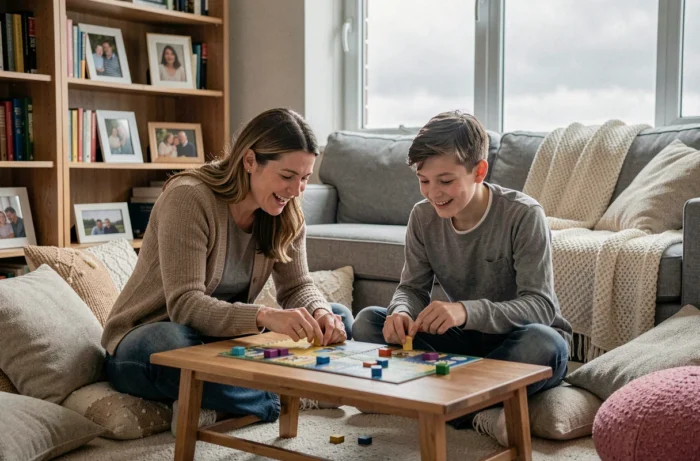 Parents et adolescent jouant à un jeu de société dans le salon, un moment de détente et de complicité en famille à la maison