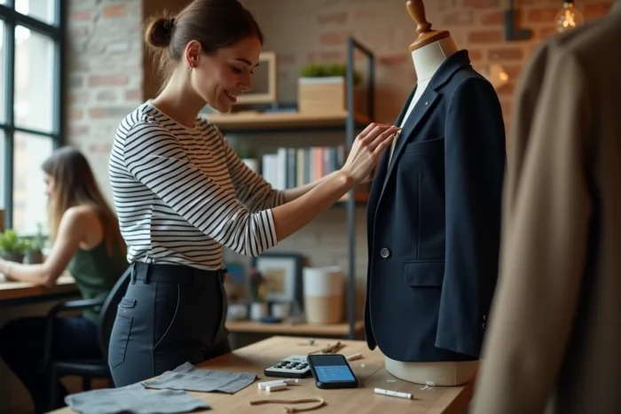 Jeune couturière marquant des retouches sur un blazer en laine tout en consultant une application de calcul de tarifs sur smartphone