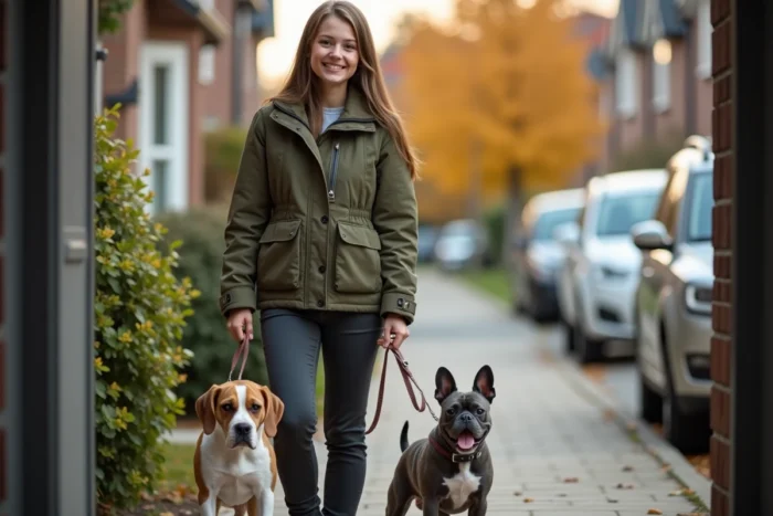Jeune femme adulte en train de garder deux chiens devant une maison, représentant une pet sitter professionnelle débutante