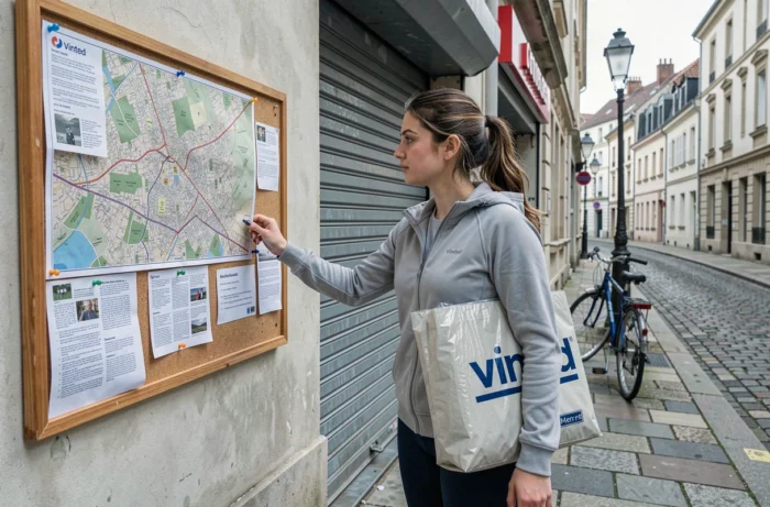 Jeune femme devant une épicerie consultant une carte pour localiser un point relais Vinted alternatif dans son quartier