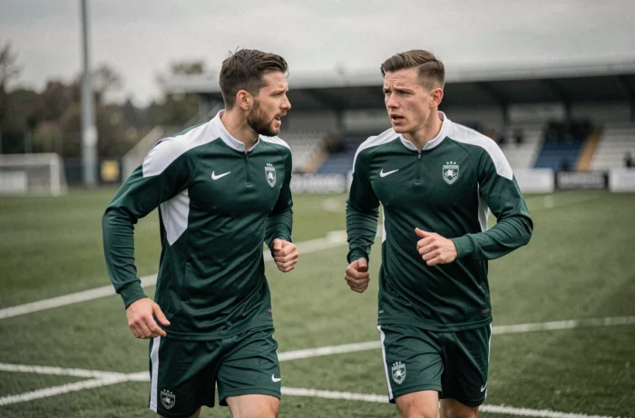 Deux footballeurs professionnels en discussion lors d'un entraînement sur pelouse