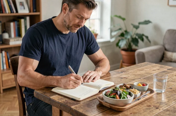 Homme notant ses apports caloriques dans un journal alimentaire avec un repas équilibré à 1800 calories