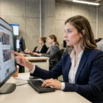 Journaliste femme consultant les actualités sur un écran dans une salle de rédaction moderne