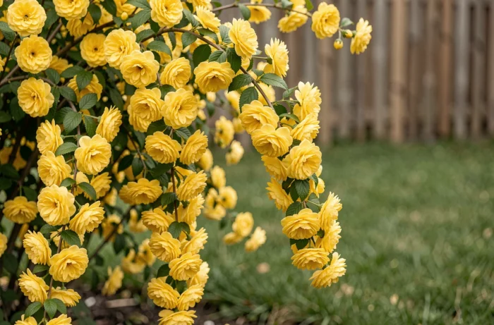 Kerria japonica en fleurs avec pompons dorés sur tiges arquées vertes dans un jardin de printemps