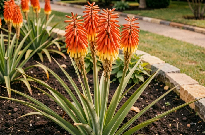 Kniphofia en fleur dans un jardin, plante à fleurs commençant par K avec épis orange et jaunes spectaculaires