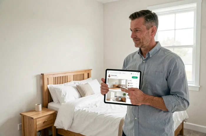 Homme présentant une chambre inutilisée de son logement à louer sur une plateforme de location en ligne