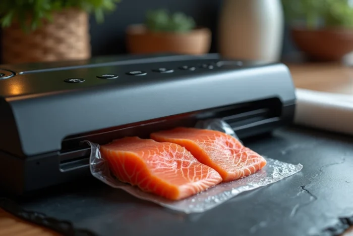 Machine sous vide professionnelle avec sac hermétique contenant du saumon frais sur plan de travail