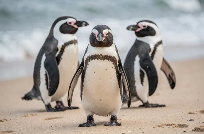 Groupe de manchots sur une plage de sable au bord de l'océan, avec plumage noir et blanc détaillé et vagues en arrière-plan flou