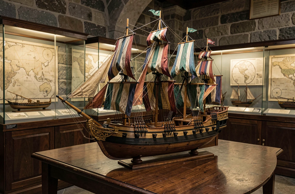 Maquette détaillée d'un grand navire pirate exposée dans un musée maritime évoquant l'univers épique de One Piece