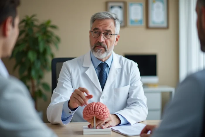 Médecin expliquant les causes des décharges électriques dans la tête à un patient avec un modèle anatomique du cerveau