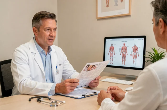 Médecin en consultation médicale expliquant un diagnostic à un patient dans un cabinet moderne