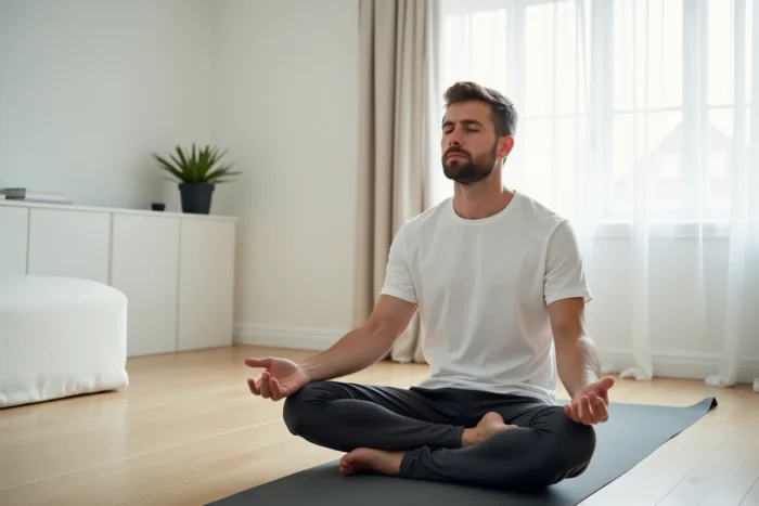Homme pratiquant la méditation comme solution naturelle aux décharges électriques dans la tête dans un salon minimaliste