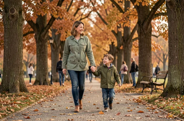 Mère et enfant se promenant main dans la main dans un parc en automne, profitant d'un moment de plein air et de connexion parent-enfant au quotidien