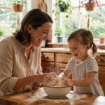 Mère et fille en train de cuisiner ensemble dans une cuisine chaleureuse, partageant un moment de complicité et de rire autour d'une préparation culinaire
