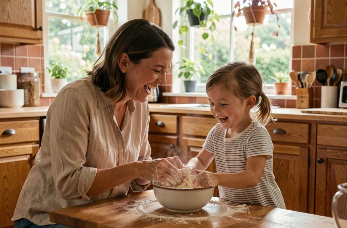 Mère et fille en train de cuisiner ensemble dans une cuisine chaleureuse, partageant un moment de complicité et de rire autour d'une préparation culinaire