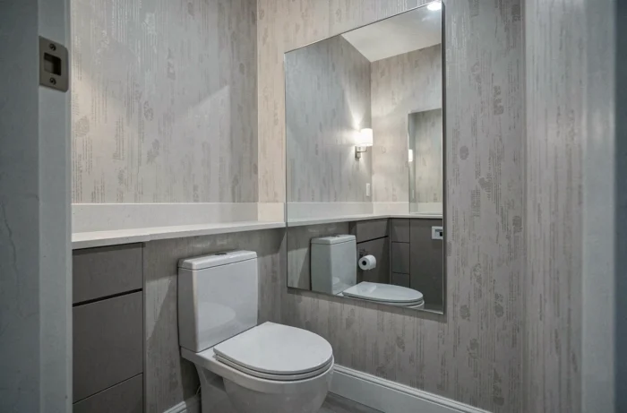 Grand miroir sans cadre monté face à la cuvette suspendue dans de petites toilettes agrandissant visuellement l'espace par le jeu de reflets