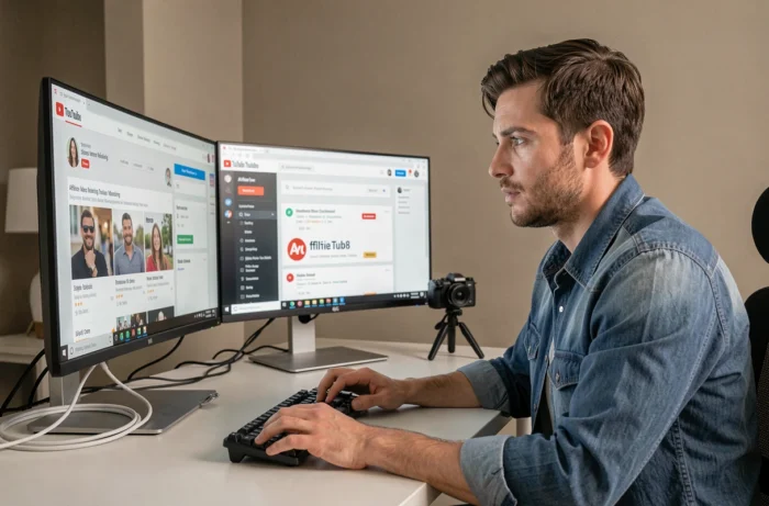 Homme monétisant son blog ou sa chaîne YouTube grâce à l'affiliation depuis un bureau à domicile