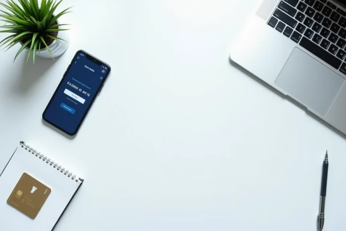 Vue de dessus d'un bureau avec carte bancaire, smartphone et ordinateur portable illustrant les moyens de paiement en ligne