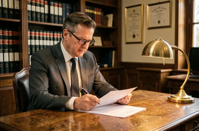 Notaire en bureau traditionnel français révisant un contrat immobilier de vente signé à la plume