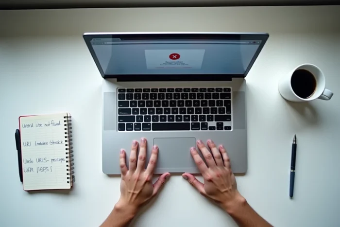 Vue aérienne d'un ordinateur portable affichant une erreur de site web avec un bloc-notes de solutions à côté, illustrant la recherche d'alternatives pour accéder à une adresse bloquée