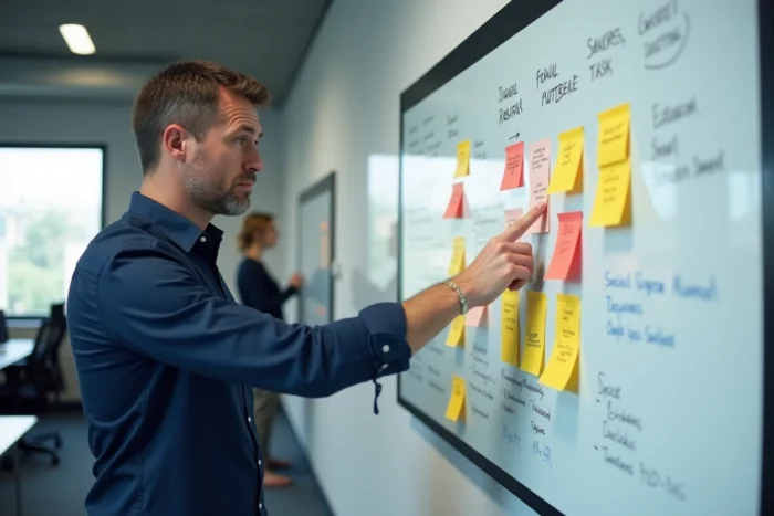 Manager organisant la planification des tâches de son équipe sur un tableau blanc en entreprise