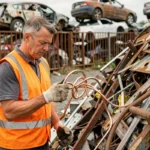 Ouvrier en gilet orange examinant de la ferraille en cuivre dans un centre de recyclage Derichebourg