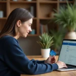 Femme utilisant sa carte bancaire pour un paiement en ligne sécurisé sur un ordinateur portable à domicile