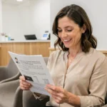 Patiente consultant les avis clients et les tarifs d'une clinique dentaire moderne en salle d'attente
