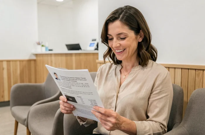 Patiente consultant les avis clients et les tarifs d'une clinique dentaire moderne en salle d'attente
