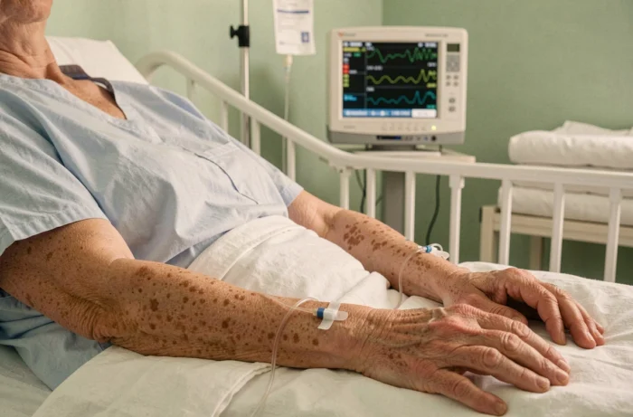 Patiente hospitalisée présentant un œdème des membres supérieurs lié à une anasarque sévère