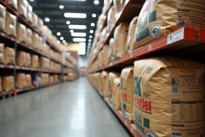 Sacs de pellets en vente dans un magasin de bricolage avec étiquettes de prix sur les rayonnages