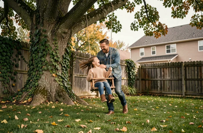 Père poussant sa fille sur une balançoire dans le jardin en automne, moment de jeu et de bonheur en famille en plein air