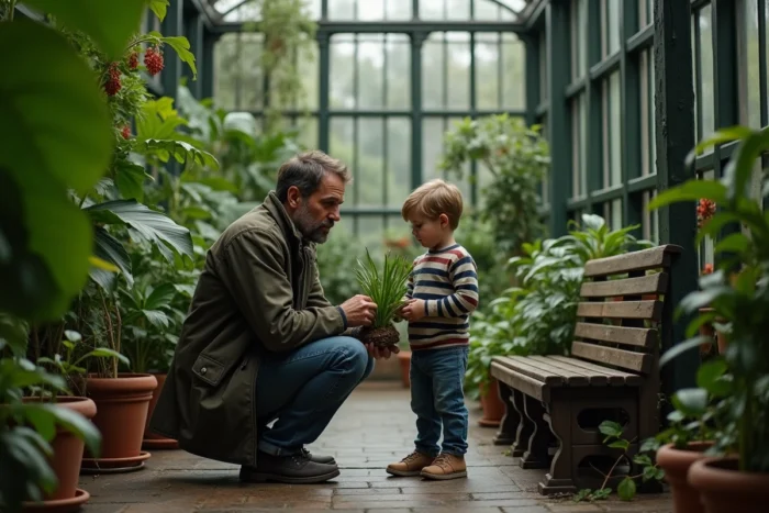 Père et fils explorant les plantes exotiques du Jardin des Plantes de Nantes