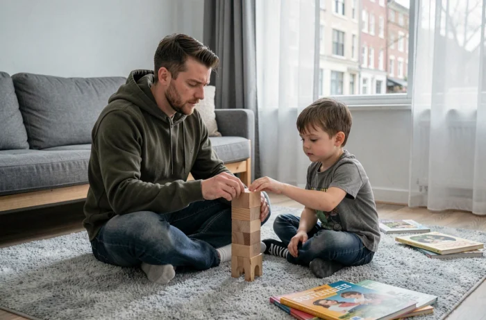 Père et fils jouant ensemble avec des cubes en bois sur un tapis dans un salon scandinave, illustrant un moment de parentalité attentive et bienveillante