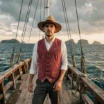 Jeune homme coiffé d'un chapeau de paille à la proue d'un voilier en bois regardant l'horizon oceanique dans l'esprit de One Piece