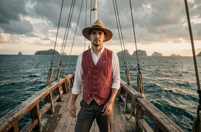 Jeune homme coiffé d'un chapeau de paille à la proue d'un voilier en bois regardant l'horizon oceanique dans l'esprit de One Piece