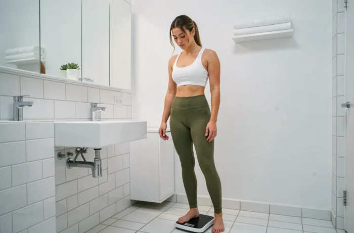 Femme se pesant sur une balance dans une salle de bain dans le cadre d'un régime à 1800 calories par jour