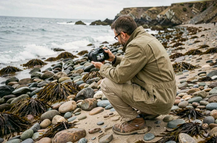 Photographe animalier accroupi sur une plage rocheuse consultant les photos de manchots sur son appareil photo professionnel