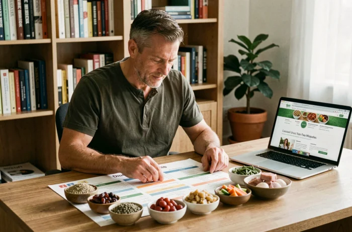 Homme consultant un plan détaillé de régimes alimentaires à son bureau avec différents groupes d'aliments disposés autour de lui