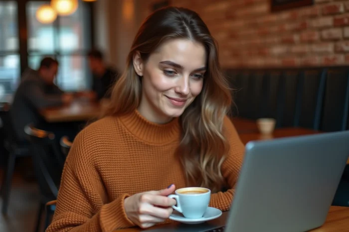 Jeune professionnelle planifiant ses tâches quotidiennes sur un ordinateur portable dans un café
