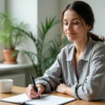 Femme organisant ses tâches quotidiennes dans un agenda papier à son bureau minimaliste