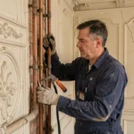 Plombier inspectant des tuyaux en cuivre anciens dans une maison de maître bruxelloise classée