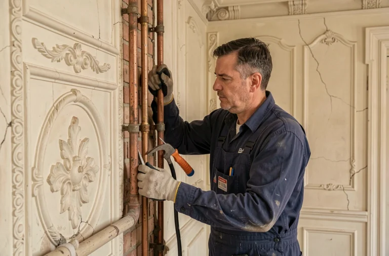 Plombier inspectant des tuyaux en cuivre anciens dans une maison de maître bruxelloise classée