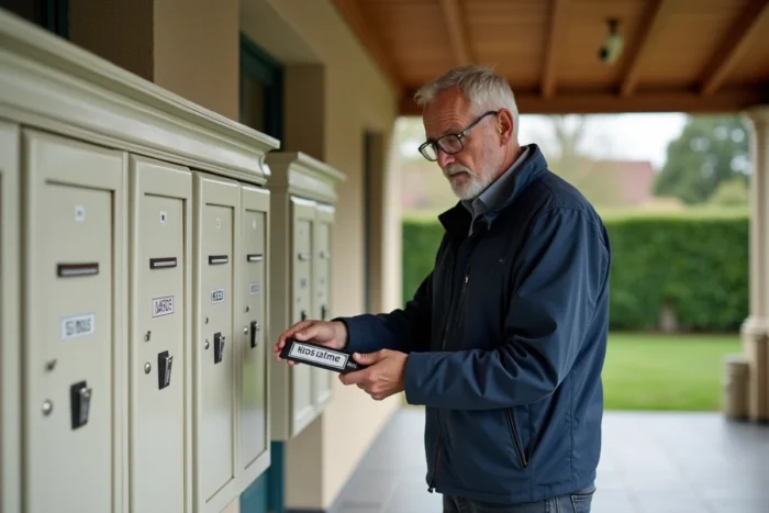 Homme comparant une plaque de nom à une boîte aux lettres individuelle devant une rangée de boîtes aux lettres d'un pavillon résidentiel
