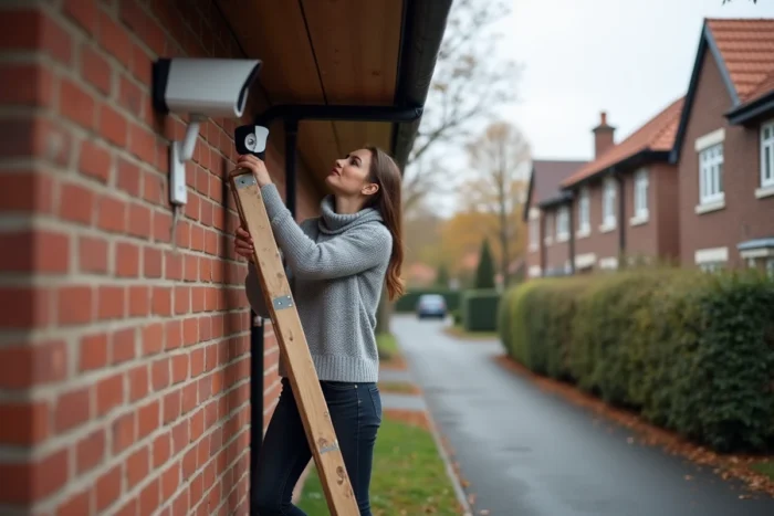 Femme installant une caméra de surveillance sans fil sur la façade extérieure d'une maison pour renforcer la sécurité du domicile