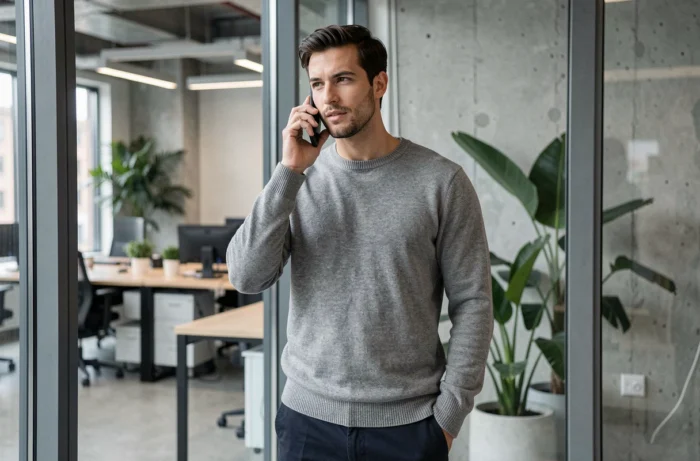 Homme contactant une équipe en ligne par téléphone depuis un espace de coworking moderne