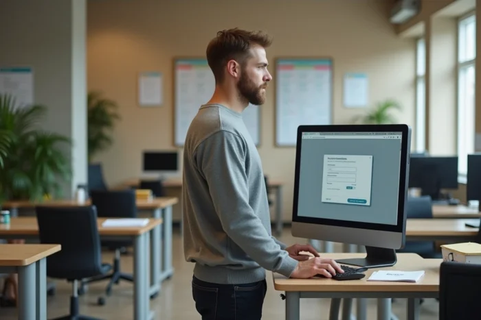 Professeur masculin se connectant à iProf sur un ordinateur de bureau dans un espace de travail administratif scolaire