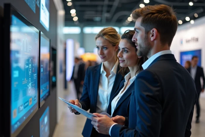Professionnels en discussion devant un stand lors d'un événement à Ker Expo, salon commercial avec écran numérique