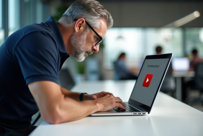 Homme en bureau ajoutant un raccourci YouTube sur la barre des tâches d'un ordinateur portable