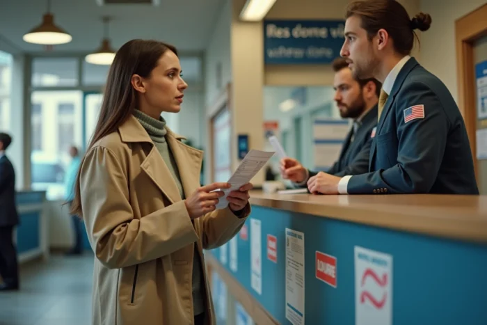 Jeune femme déposant une réclamation pour colis Zara non reçu au bureau de poste face à un employé